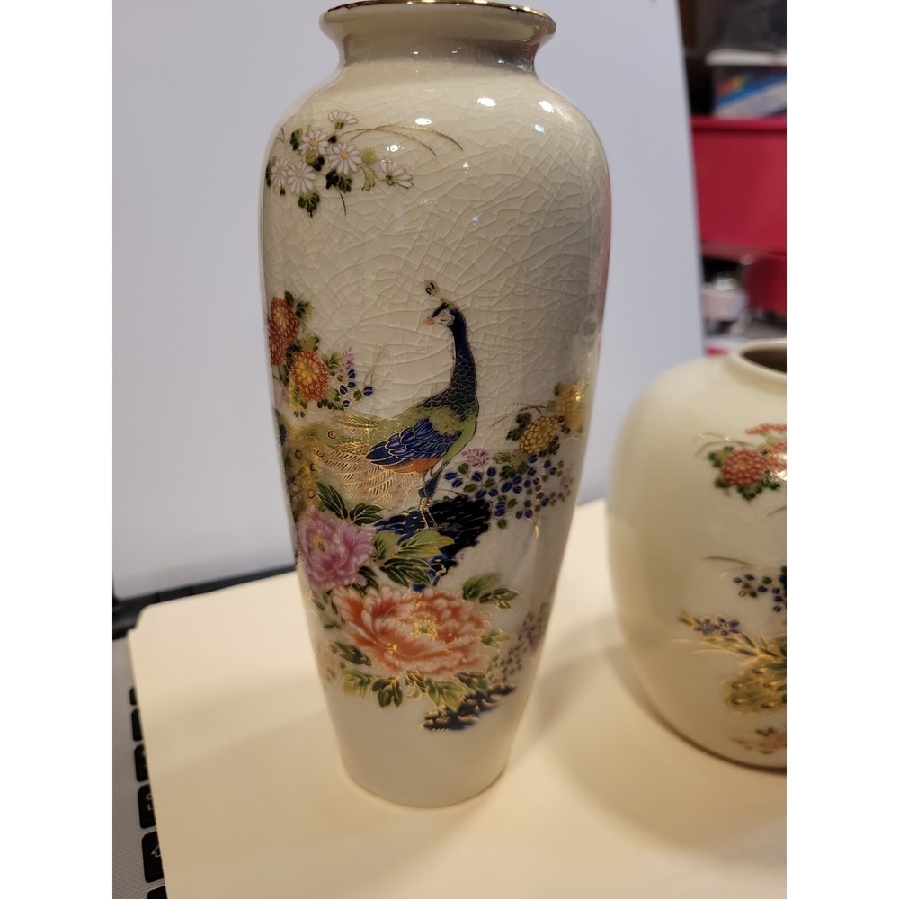 Vintage Crackle Vase Set -2 with Peacock & Floral Design
